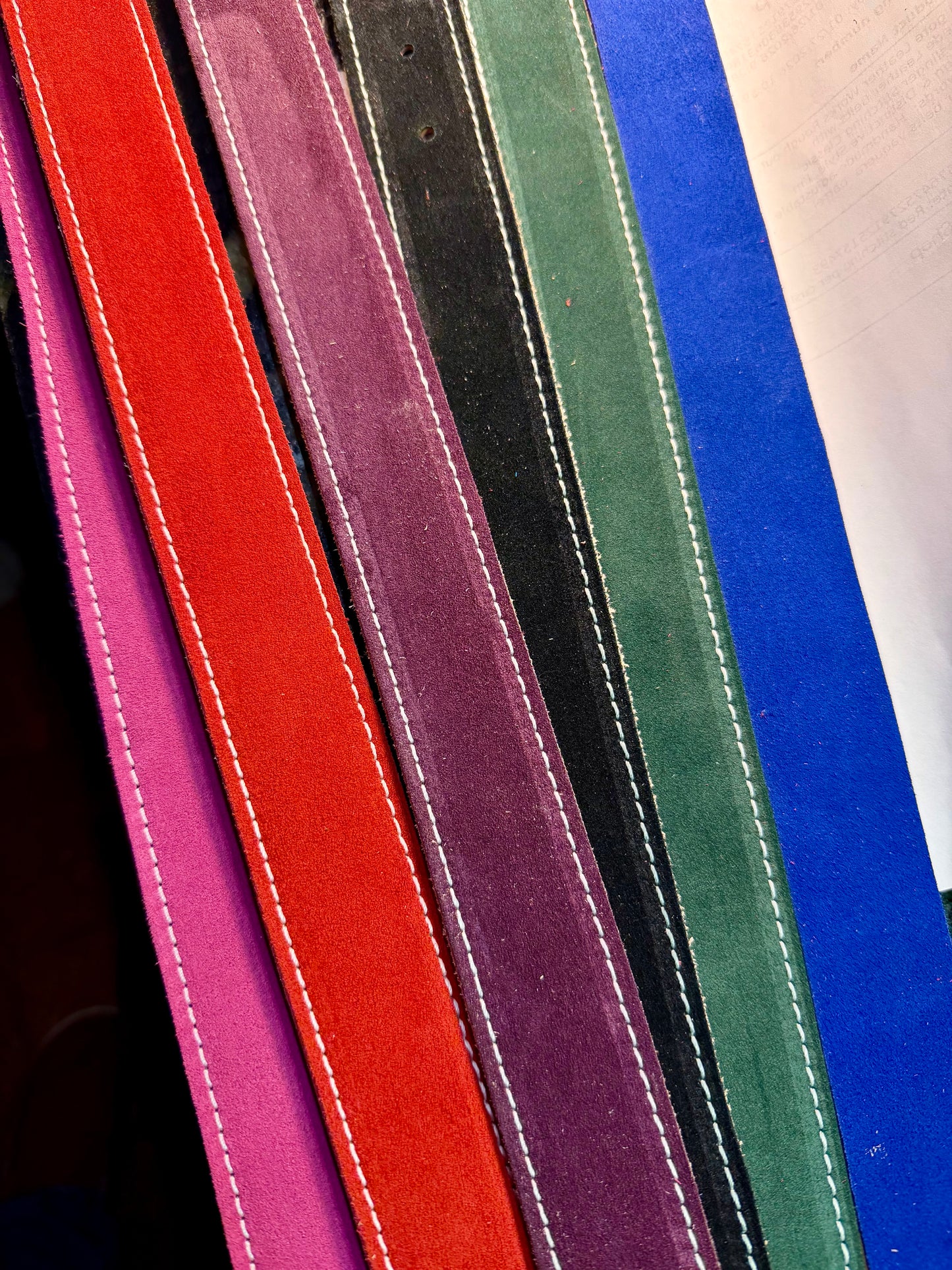 Handmade Suede Leather Belt — Custom Stitching, 26 Colors. Each belt is cut, stitched, and finished by hand in Kilgore.