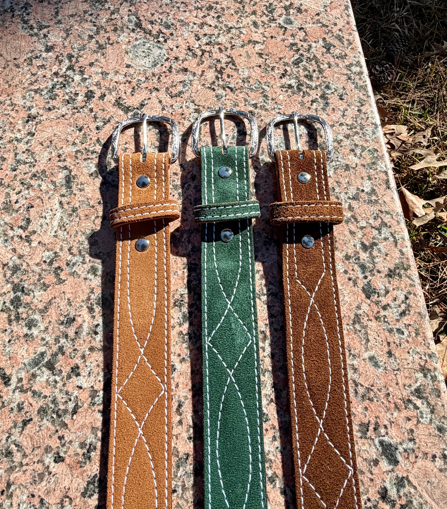 Handmade Suede Leather Belt — Custom Stitching, 26 Colors. Each belt is cut, stitched, and finished by hand in Kilgore.