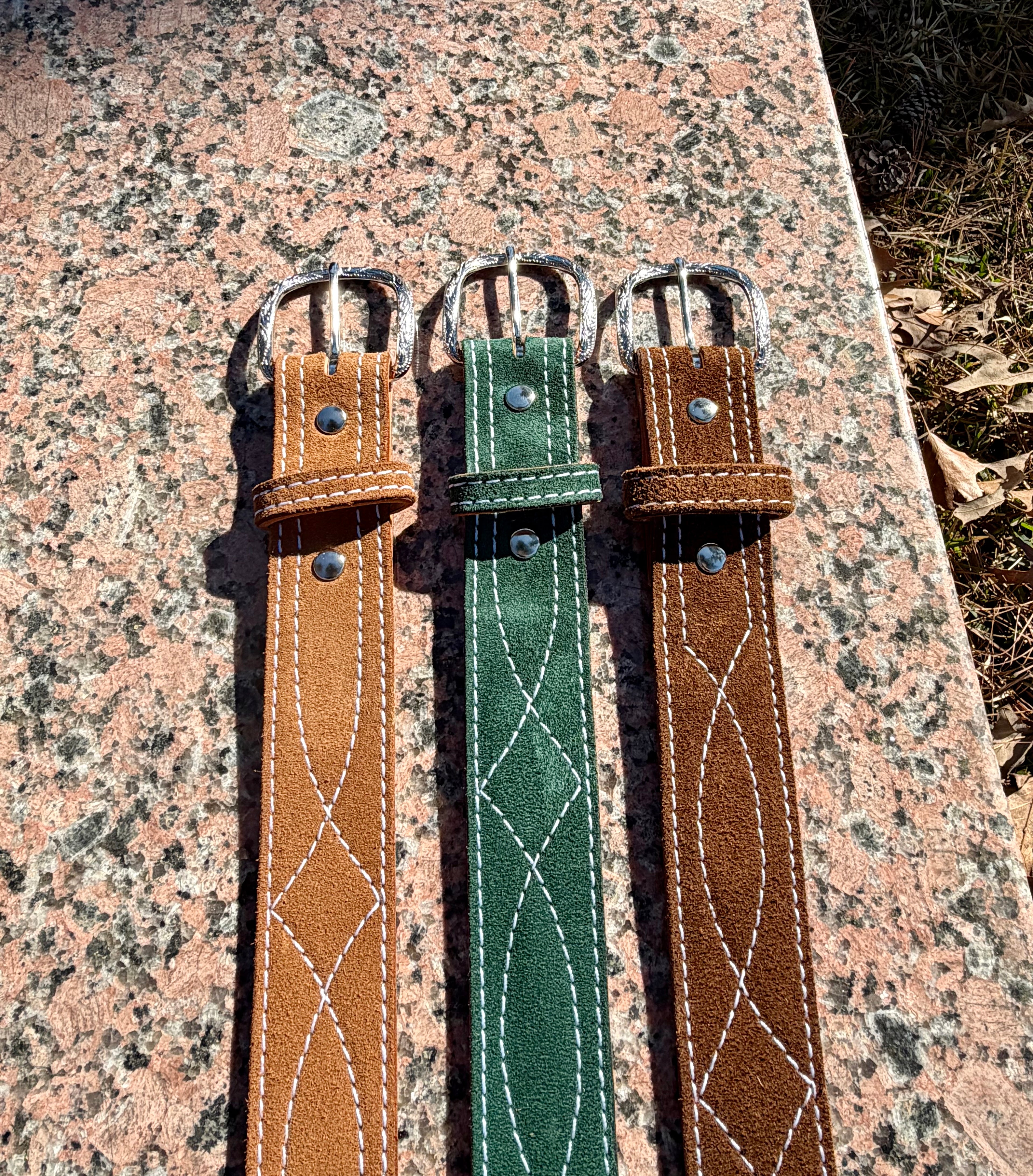 Elegant Suede Leather Belts with Decorative Stitching