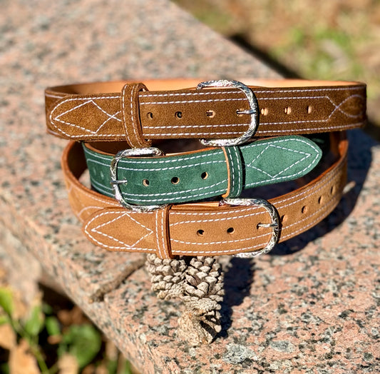 Handmade Suede Leather Belt — Custom Stitching, 26 Colors. Each belt is cut, stitched, and finished by hand in Kilgore.