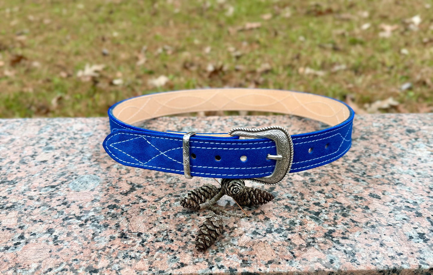 Handmade Suede Leather Belt — Custom Stitching, 26 Colors. Each belt is cut, stitched, and finished by hand in Kilgore.