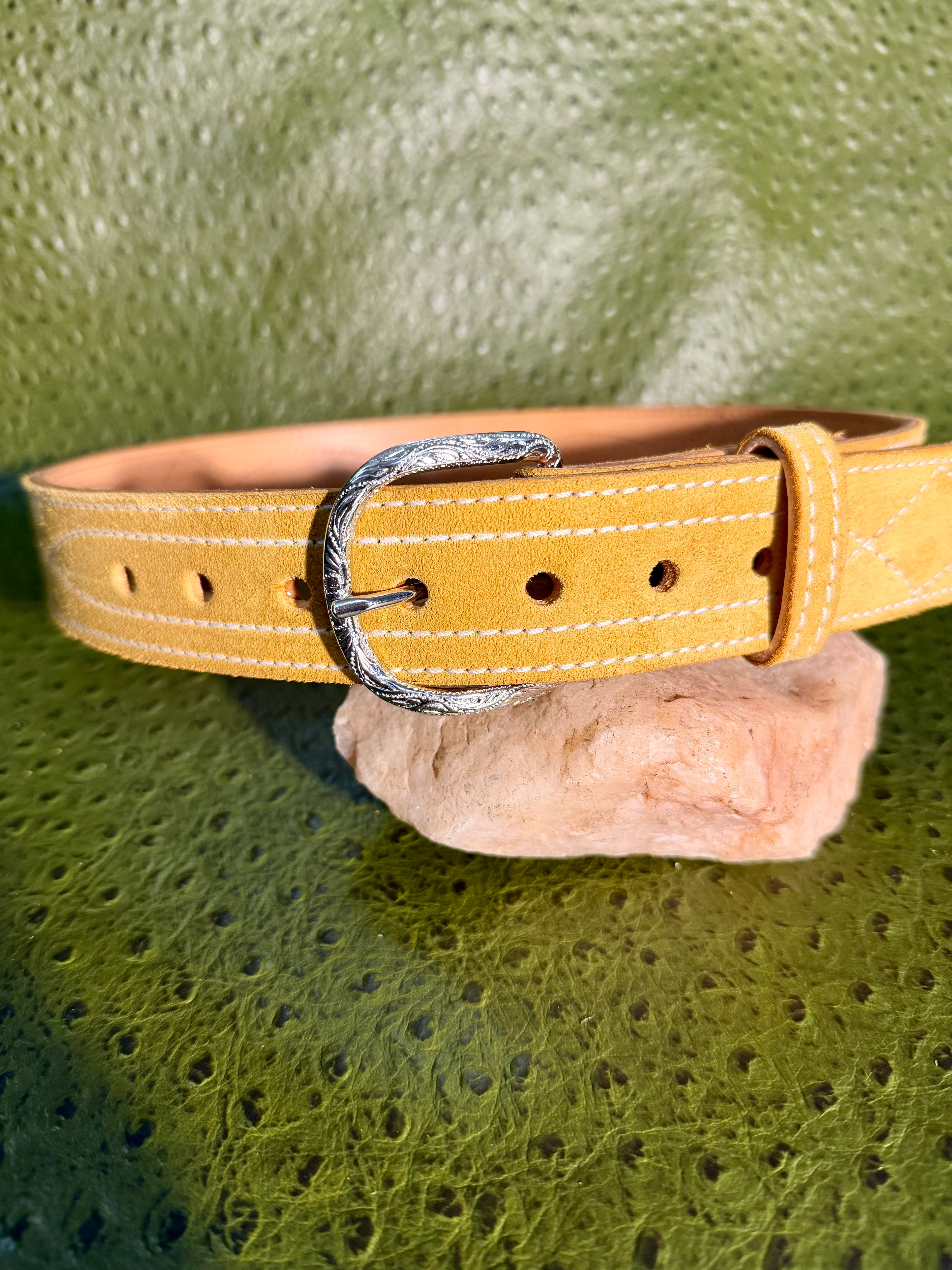 Elegant Suede Leather Belts with Decorative Stitching