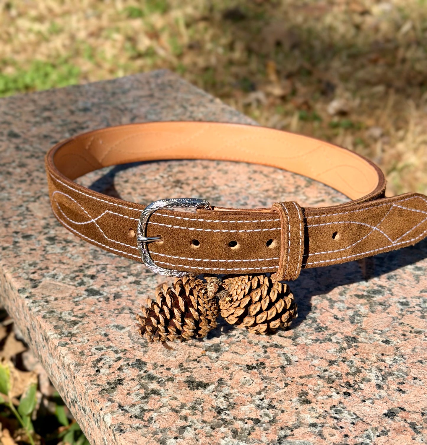Handmade Suede Leather Belt — Custom Stitching, 26 Colors. Each belt is cut, stitched, and finished by hand in Kilgore.